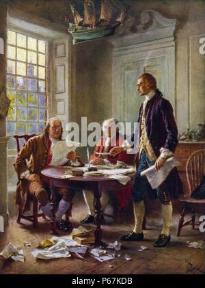 Writing the Declaration of Independence, 1776' Thomas Jefferson, Benjamin Franklin, and John Adams meet at Jefferson's lodgings, on the corner of Seventh and High (Market) streets in Philadelphia, to review a draft of the Declaration of Independence. Stock Photo