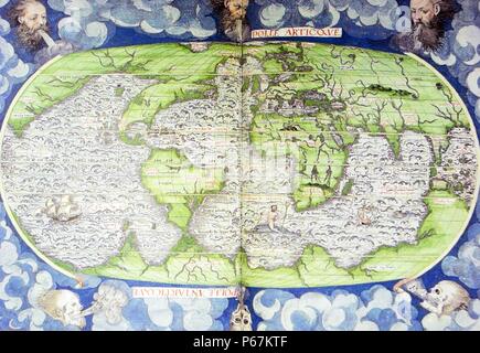 16th Century Map of the World by Guillaume Le Testu (1509-1573
