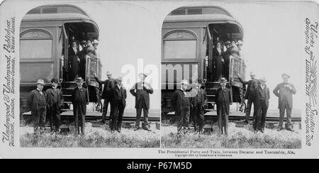 The presidential party and train, between Decatur and Tuscumbia, Ala.' President McKinley with others at the back of the presidential train. McKinley (1843-1901)was the 25th President of the United States and led the nation to victory in the Spanish–American War, raised protective tariffs to promote American industry, and maintained the nation on the gold standard in a rejection of inflationary proposals. Stock Photo