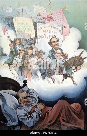 Sweet dreams' Print shows President William McKinley asleep in bed dreaming of William Jennings Bryan riding the Democratic donkey and leading members of the Democratic Party down the path of 'Anti-American Foreign Policy', '16 to 1 or Bust. All paper should be coined into Ten-Dollar Bills', 'Death to Trusts. (The necessities of life are too cheap already)', 'Down with the Courts', and 'Free Silver'. Stock Photo