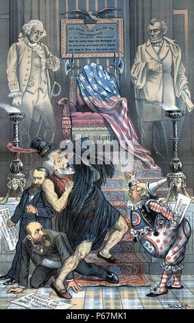 The honour of the country in danger' The spirits of George Washington and Abraham Lincoln looking at a throne draped with an American flag beneath a sign that states 'This coming term will end the first hundred years of the American presidency. Shall the century begun with Washington at the head of government end in disgrace with James G. Blaine in that sacred chair?' Below is Blaine, tattooed with scandals and frightened by the shades of past presidents, his hat labelled 'Corruption' falling off, with his foot on the first step toward the presidency. Stock Photo