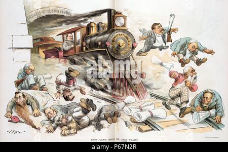 They can't hold up this train!' President Cleveland as a railroad engineer driving a locomotive labelled 'Administration R.R.' that is roaring out of a tunnel labelled 'Business Depression Tunnel', and knocking out of the way legislators who are placing 'Dilatory Amendments' and 'Teller's Dilatory Tactics' on the tracks, trying to derail the train; among the legislators are Francis M. Cockrell, James Z. George, James L. Pugh, William A. Peffer, George G. Vest, James D. Cameron, William M. Stewart, Henry M. Teller, John P. Jones, and Edward O. Wolcott. Stock Photo