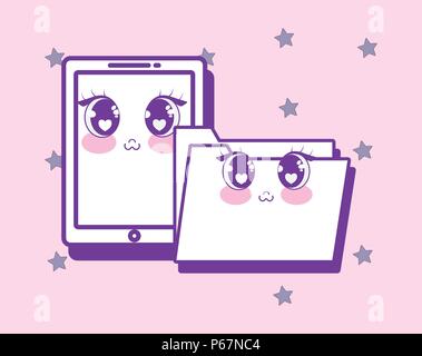 kawaii smartphone and folder icon over pink background, colorful design. vector illustration Stock Vector