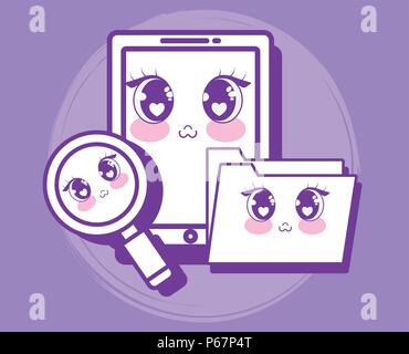 kawaii folder and smartphone icon over purple background, colorful design. vector illustration Stock Vector