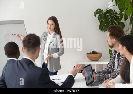 Female speaker making presentation on flipchart for coworkers Stock Photo