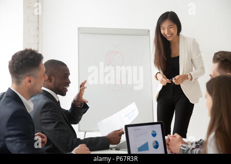 Asian coach making presentation on flipchart for diverse work gr Stock Photo