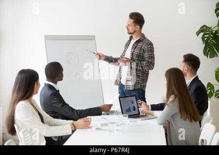 Male speaker making presentation on flipchart during meeting Stock Photo
