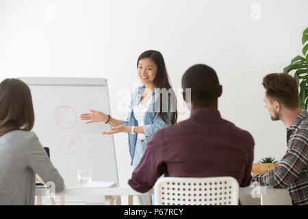 Smiling Asian coach mentoring workers presenting on flipchart Stock Photo