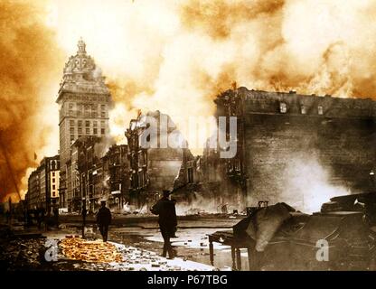 Colour photograph documents the aftermath destruction of the Great San Francisco Earthquake. Dated 1906 Stock Photo