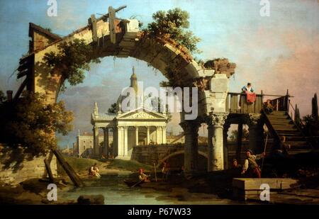 Giovanni Antonio Canal, called Canaletto (1697-1768). Landscape with a Villa seen through a ruined Arch.  Oil on canvas.  Images of picturesque ruins shown with recognisable buildings and colourful local figures were very popular with travellers to Italy.  Canaletto's art was so admired by British collectors that he worked in London for several years between 1746 and 1755. Stock Photo