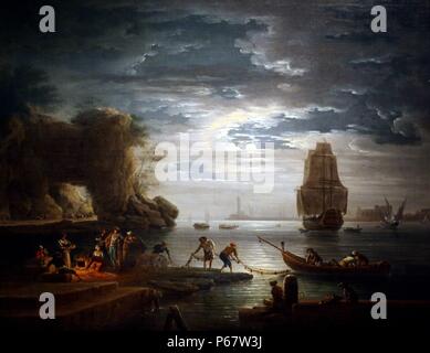 Coastal Scene by Claude-Joseph Vernet (1714-1789).  Oil on canvas.  This nocturnal seascape recalls the rocky coastline near Naples.  In contrasting scenes representing Morning, Noon, Evening and Night, Vernet combined idealized views with carefully observed lightning and  weather conditions. Stock Photo