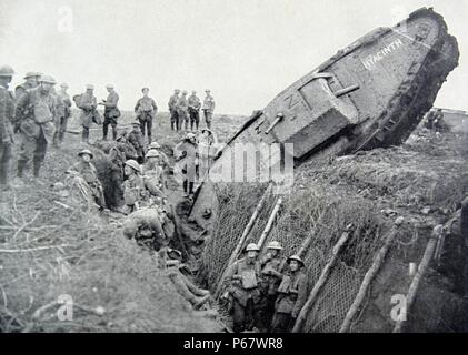 A World War One German tank in a shallow ditch at the side of a road at ...