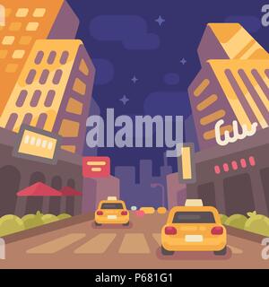 Night modern city street with taxi cars low perspective view. Vintage travel poster flat illustration Stock Vector