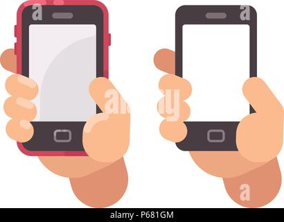 Hand holding a smartphone flat icon. Transparent background Stock Vector