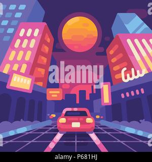 Night neon city street 1980s style flat illustration. New Retro Wave background. Synthwave music retro futuristic cyber landscape Stock Vector