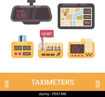 Set of various taximeters. Taxi service flat icons Stock Vector