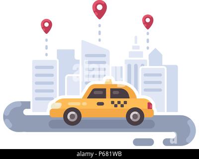 Yellow taxi car on the road. Taxi service flat illustration banner Stock Vector