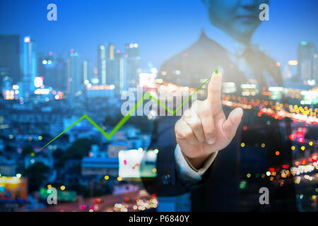 Circular futuristic interface of smart home automation assistant on a virtual screen and a user touching a button Stock Photo