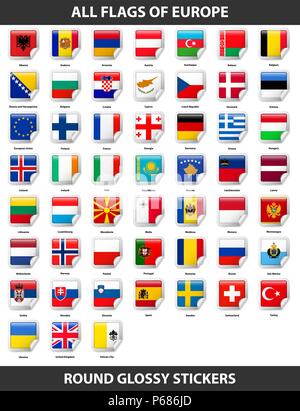 Flags of all countries of Europe. Round Glossy Stickers Stock Vector