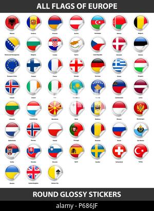 Flags of all countries of Europe. Round Glossy Stickers Stock Vector