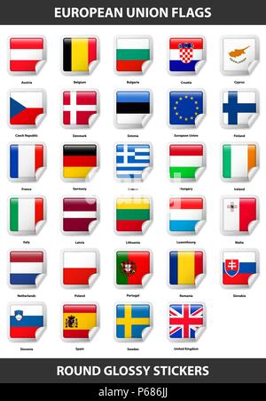 Flags of all countries of Europe. Round Glossy Stickers Stock Vector