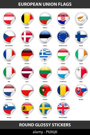 Flags of all countries of European Union. Round Glossy Stickers Stock Vector