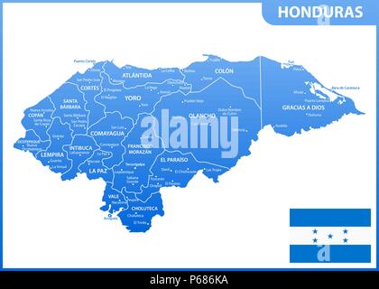 The detailed map of Honduras with regions or states and cities, capital. Administrative division. Stock Vector