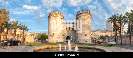 Badajoz, Spain - April 14th, 2013: The Puerta Palmas roundabout, former entrance door to Badajoz from Portugal. Panoramic shot Stock Photo