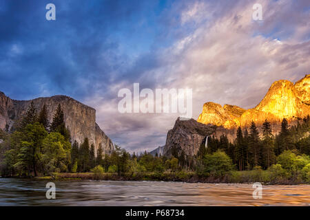 Yosemite National Park's Valley View in the late evening.  El Capitan and Bridalveil Falls can be seen.