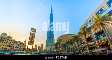 Evening Shot from World Largest Building Burj Khalifa Dubai mall Down Town, Water Fountain Stock Photo