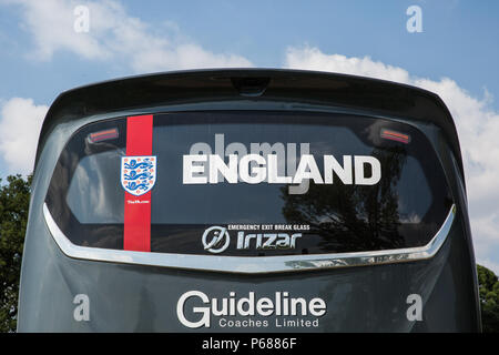 Englefield Green, UK. 28th June 2018. A Football Association coach parked in Windsor Great Park used to transport the England national football team. The England national football team is scheduled to play against Belgium in Kaliningrad in the FIFA 2018 World Cup this evening. Credit: Mark Kerrison/Alamy Live News Stock Photo