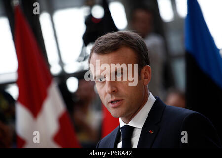 Brussels, Belgium on Jun. 28, 2018. President of France Emmanuel Macron arrives for a meeting with European Union leaders. Stock Photo