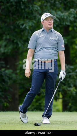 Potomac, MD, USA. 28th June, 2018. Zac Blair on the 13th tee box during the first round of the Quicken Loans National at TPC Potomac in Potomac, MD. Justin Cooper/CSM/Alamy Live News Credit: Cal Sport Media/Alamy Live News Stock Photo