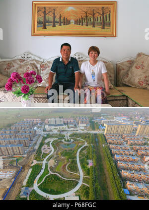 (180629) -- ZHENGZHOU, June 29, 2018 (Xinhua) -- Combined photos show villager Chen Milan and her husband posing for photo at their new home in a new district of Lizhuang Town, June 27, 2018 (upper)  and an aerial view of the new district of Lizhuang Town in Fengqiu County, central China's Henan Province, Nov. 2, 2017. About 900,000 people living in flood-prone areas near the Yellow River, one third in central China's Henan and the rest in east China's Shandong, will improve their livelihoods through relocation or housing renovation supported by local governments. (Xinhua/Feng Dapeng & Wang Na Stock Photo