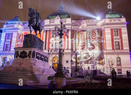 Belgrade, Serbia. 28th June, 2018. Photo taken on June 28, 2018 shows the newly-reconstructed building of the National Museum in Belgrade, Serbia, on June 28, 2018. The building at the Republic Square in Belgrade on Thursday reopened its doors for visitors for the first time after it was closed in 2003 for reconstruction. Credit: Nemanja Cabric/Xinhua/Alamy Live News Stock Photo