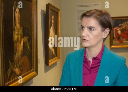 Belgrade, Serbia. 28th June, 2018. Serbian Prime Minister Ana Brnabic looks at a painting at the reopened National Museum in Belgrade, Serbia, on June 28, 2018. The building at the Republic Square in Belgrade on Thursday reopened its doors for visitors for the first time after it was closed in 2003 for reconstruction. Credit: Nemanja Cabric/Xinhua/Alamy Live News Stock Photo