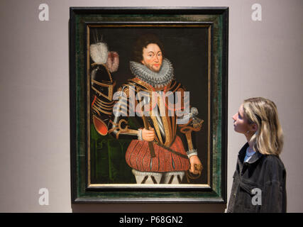 Bonhams New Bond Street, London, UK. 29 June, 2018. An extremely rare portrait of Sir Francis Drake (circa 1540-1596), the great Elizabethan seafarer, leads the Old Masters sale preview. It is estimated at £300,000-500,000. An extremely rare work by an unknown artist from the Anglo-Dutch School, believed to be dated from the mid-1570s just before his famous triumph against the Spanish Armada. The sale takes place on Wednesday 4 July 2018 at 2pm. Credit: Malcolm Park/Alamy Live News. Stock Photo