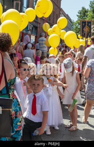Warrington, UK. 29 June 2018 - The weather was hot and sunny for Warrington Walking Day. This annual religious event begins in front of the Town Hall and leraves through the famous golden gates with the procession following the closed streets and through the town centre Credit: John Hopkins/Alamy Live News Stock Photo