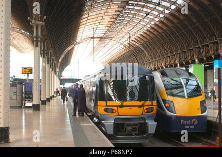 The Great Western Railway. Paddington station. London. Heathrow Express and Great Western services standing after arrival. October 2004. Stock Photo