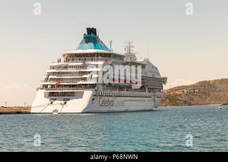 Hermoupolis: June 28. Celestyal Cruises moored in Hermoupolis June 28 ,2018 in Syros island, Greece. Stock Photo