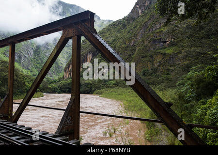 Closeup of the bridge n Urubamba river in Peru, South America Stock Photo