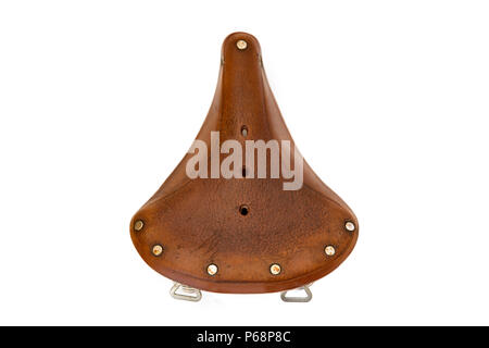 Top view at vintage bicycle saddleisolated on the white background Stock Photo