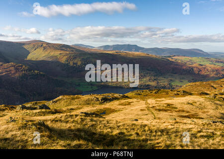 View from Place Fell over Ullswater to Watermillock Common and Common Fell in the Lake District National Park, Cumbria, England. Stock Photo