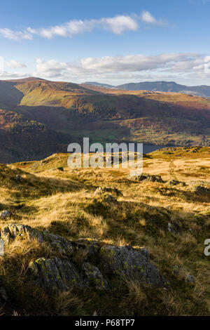 View from Place Fell over Ullswater to Watermillock Common and Common Fell in the Lake District National Park, Cumbria, England. Stock Photo