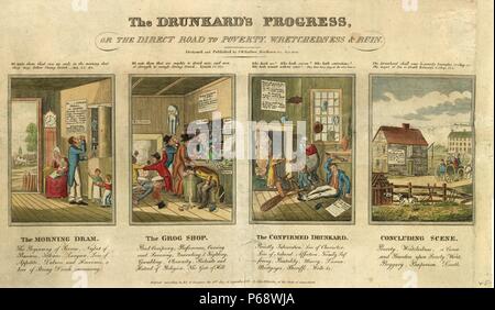 The drunkard's progress, or the direct road to poverty, wretchedness & ruin / designed and published by J.W. Barber, New Haven, Conn. by John Warner Barber 1798-1885, engraver Print shows four scenes of the drunkard's progress: the morning dram (father drinking at 8am, ignoring wife and children), the grog shop (bar room brawls, passed out, vomiting, and drinking customers), the confirmed drunkard (father on floor, wife and children afraid, home falling apart), and concluding scene (family evicted, home up for auction). Stock Photo