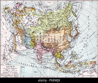 German map of Europe; Russia and Asia dated to 1890. The British India colony and Dutch East Indies are shown as well as The Russian Empire Stock Photo