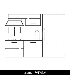 Modern kitchen interior design. High quality black outline logo for web site design and mobile apps. Vector illustration on a white background. Stock Vector