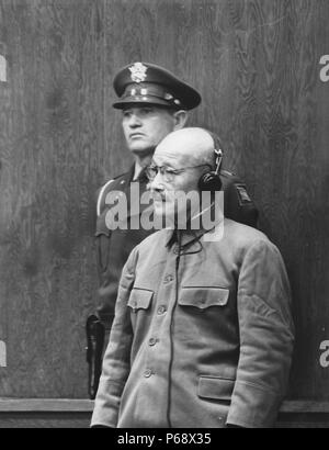 Photograph of Hideki Tojo receiving his death sentence (1884-1948) General of the Imperial Japanese Army, the leader of the Imperial Rule Assistance Association, and the 40th Prime Minister of Japan during most of World War II. Dated 1948