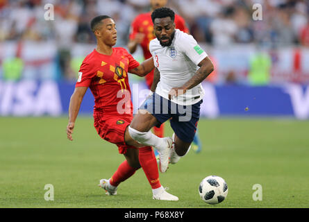 England's Danny Rose (right) and Belgium's Youri Tielemans battle for the ball during the FIFA World Cup Group G match at Kaliningrad Stadium. Stock Photo