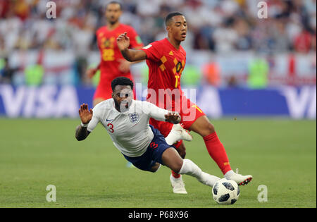 England's Danny Rose (left) and Belgium's Youri Tielemans battle for the ball during the FIFA World Cup Group G match at Kaliningrad Stadium. Stock Photo
